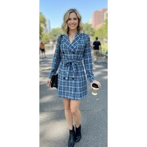 NLW Dress Womens Small Blue Checkered Navy Dress Waist Belt Long Sleeve